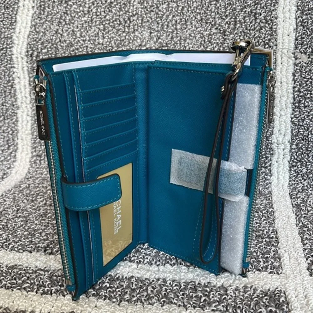 Michael Kors Large Double Zip Leather Wallet Wristlet Phone Case Lagoon